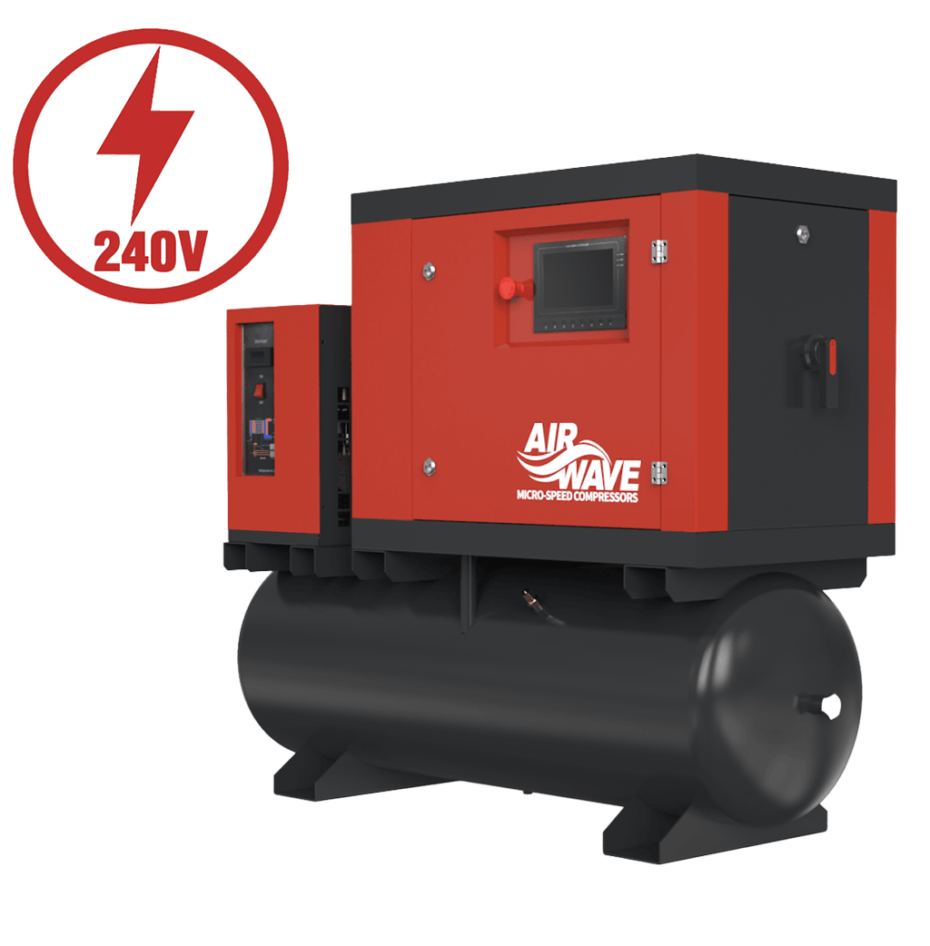 Airwave Micro-Speed, Variable Speed Compressor, 5.5hp/4Kw-230V, 32-amp, 17 CFM, 6-10 Bar 200L Tank Mounted + Dryer. - The Compressor Warehouse