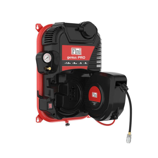 FINI Genius PRO Wall Mounted Compressor With Hose Reel 1.1kW 8 Bar and 2Lt Receiver (c.f.m. - 5.6, L/min. - 160) - The Compressor Warehouse